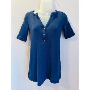 Free People Beach Blue Ribbed Knit V-Neck Henley Top XS Short Sleeve Y2K Style